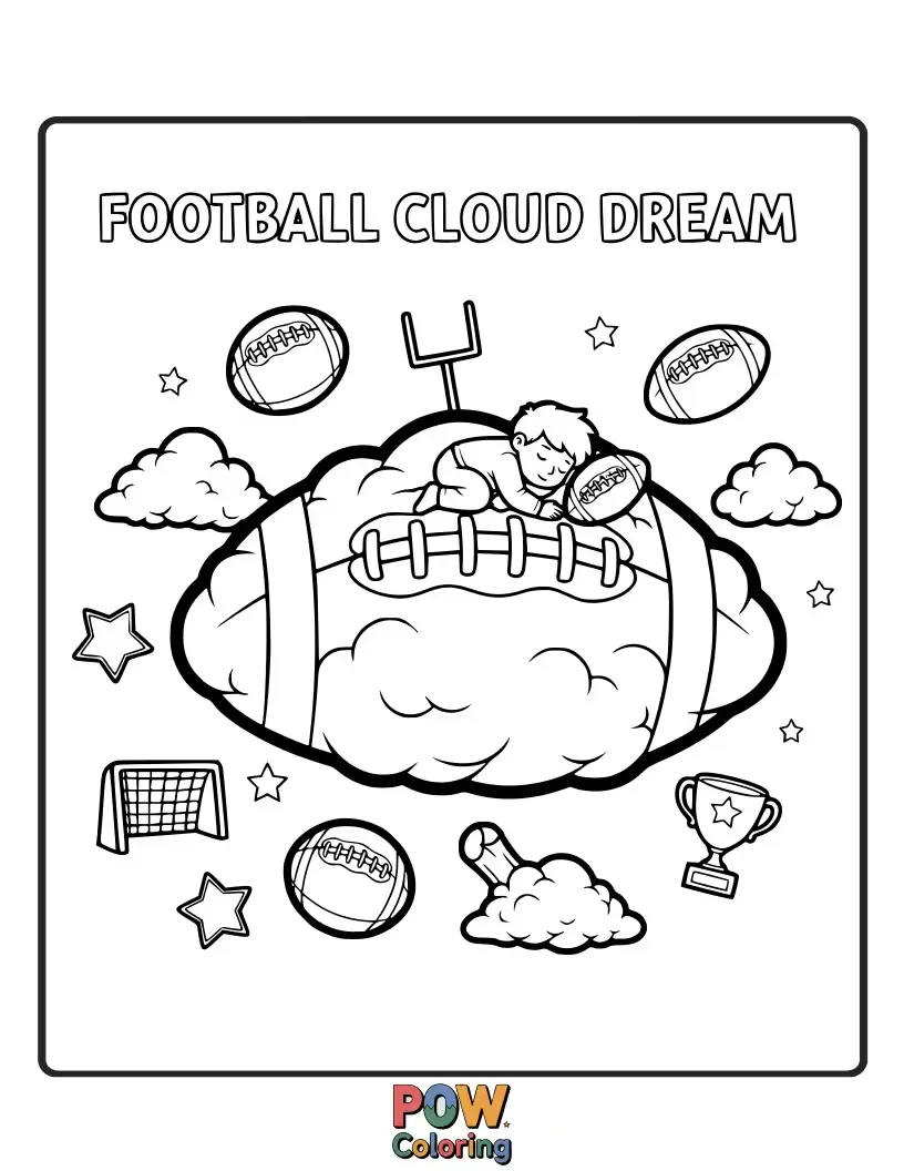 Free coloring page of A sleeping football drifting on a fluffy cloud, dreaming of touchdowns. Serene and imaginative for a peaceful coloring experience.