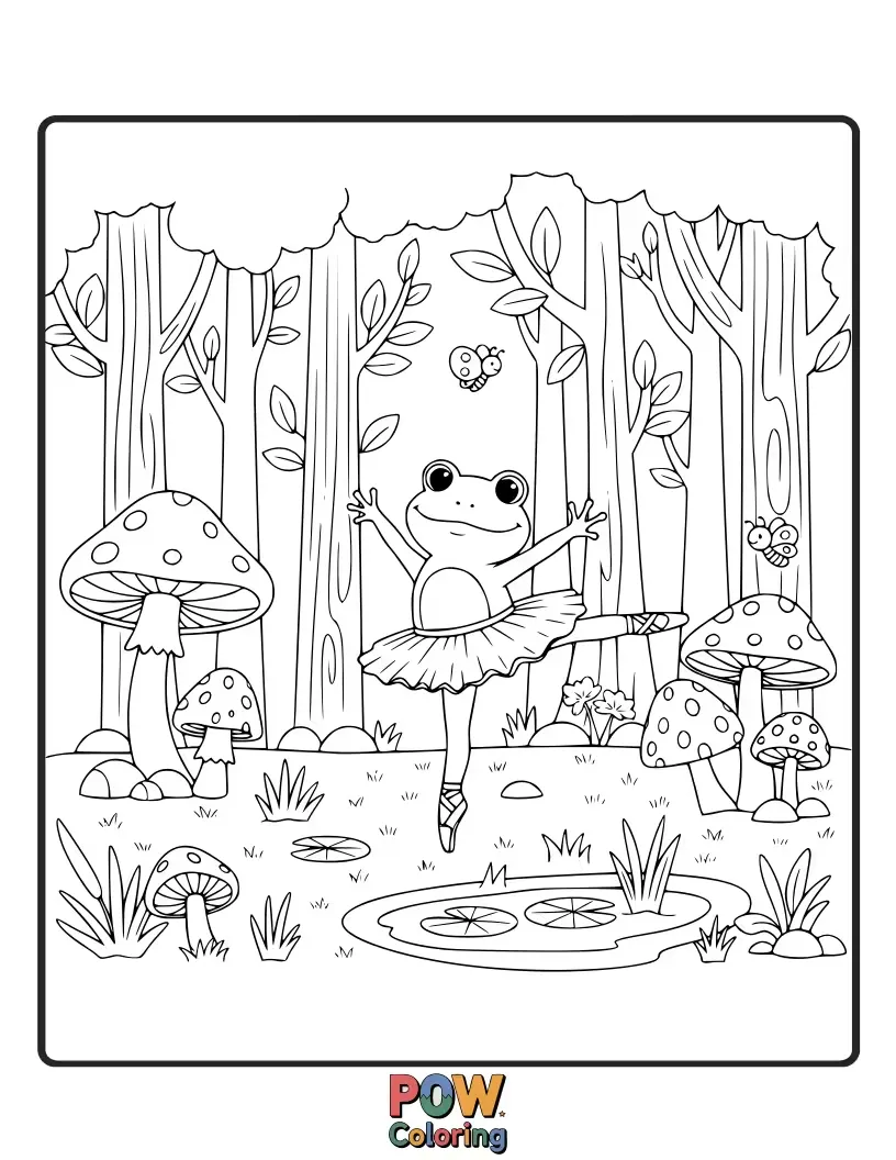 Free coloring page of A little ballerina dances in a sun-dappled forest clearing, surrounded by friendly woodland creatures.