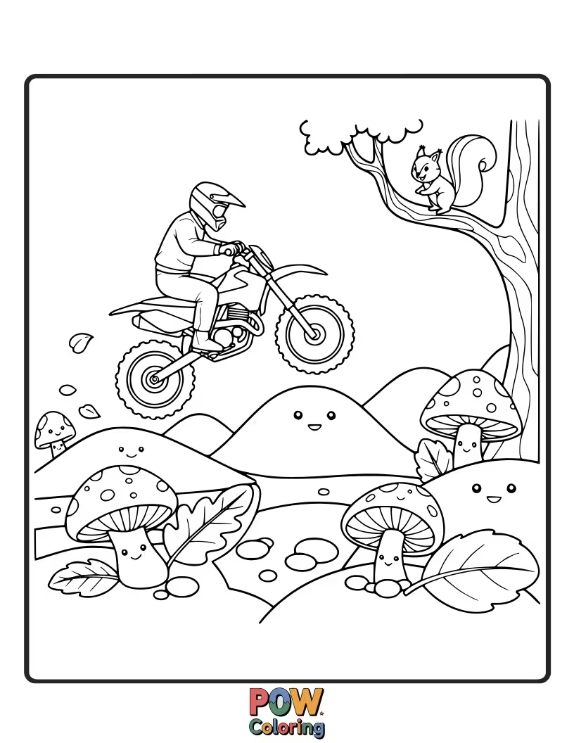 Free coloring page of A dirt bike navigating a lush forest, with tangled roots, fallen leaves, and sunlight dappling through the canopy.