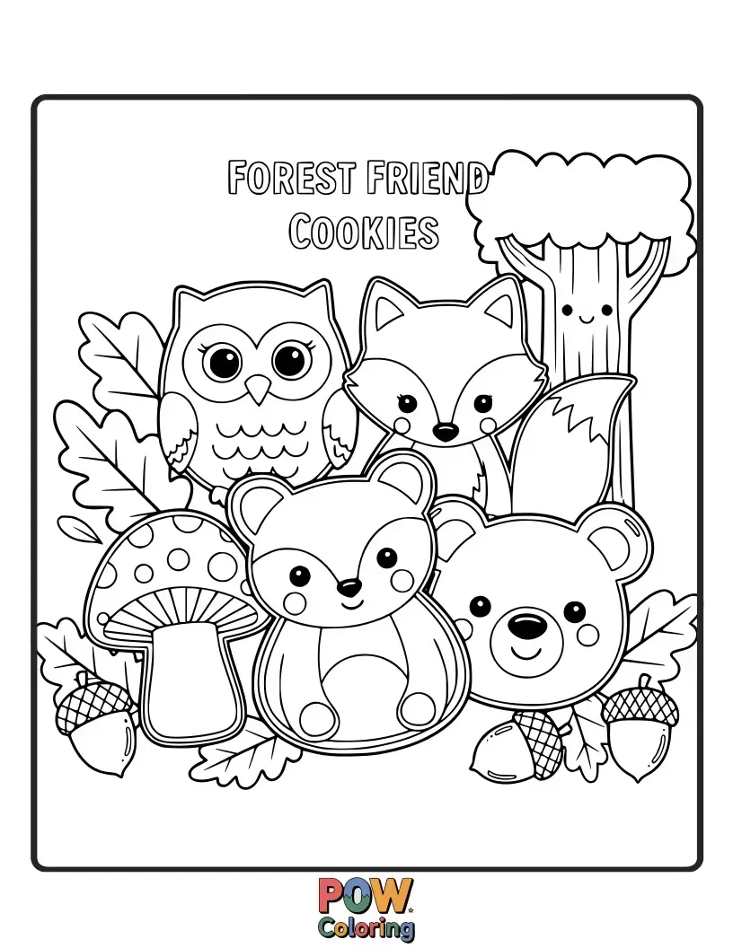 Free coloring page of Adorable cookies shaped like woodland creatures – a friendly bear, a shy deer, and a mischievous fox. A magical forest feast!