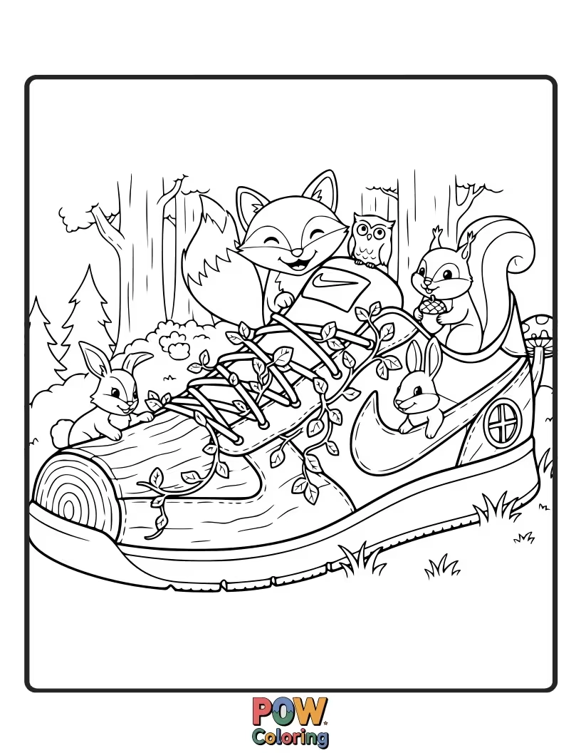 Free coloring page of A whimsical Nike shoe nestled amongst friendly forest creatures like a bunny, squirrel, and fluttering butterflies.