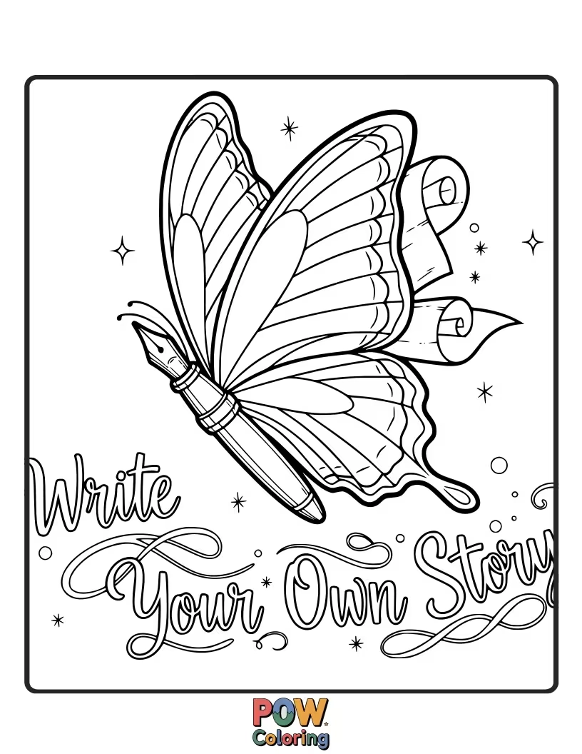 Free coloring page of A scholarly butterfly with fountain pen wings, elegantly writing a beautiful poem on a crisp leaf. Eloquent!