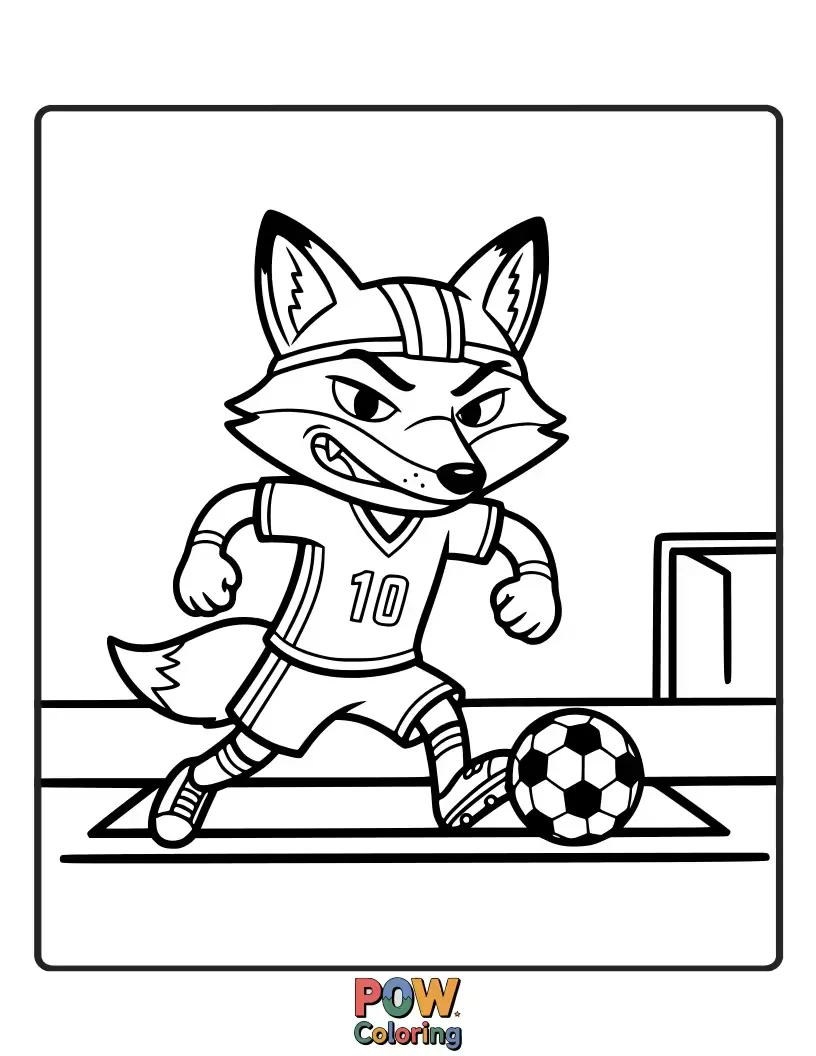 Free coloring page of A sly, cute fox wearing a football jersey, ready for a game with a playful smirk. Clever and sporty.