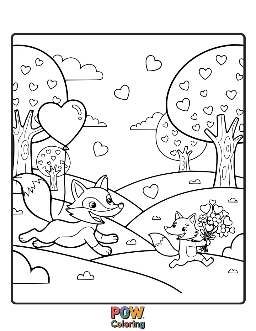 Free coloring page of A mischievous fox is playfully chasing a heart-shaped butterfly, full of energetic love and fun this Valentine's Day.