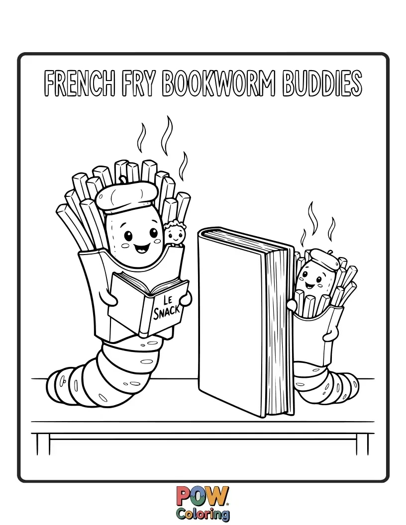 Free coloring page of Studious french fries reading stacks of books, eager to learn and share knowledge. Sharpen your pencils and your mind!