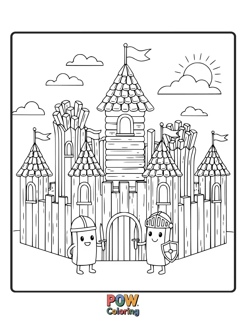 Free coloring page of Brave french fries guarding a magnificent castle, ready to defend their colorful kingdom. Protect your masterpiece!