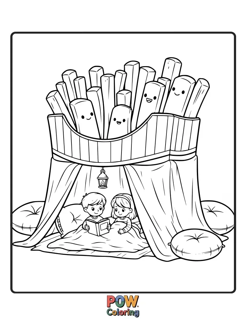 Free coloring page of A group of french fries snuggled inside a blanket fort with a flashlight, sharing secrets and stories. A warm and inviting scene.