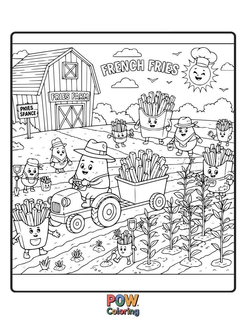 Free coloring page of Cute french fries tending to a colorful farm, surrounded by smiling vegetables. A harvest of fun awaits!