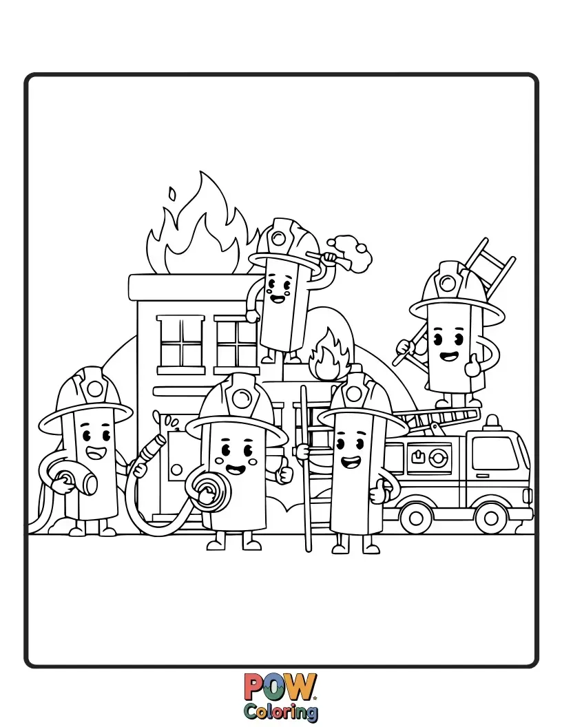 Free coloring page of Brave french fries in firefighter gear, ready to put out fires with streams of color. Heroic fun for all!