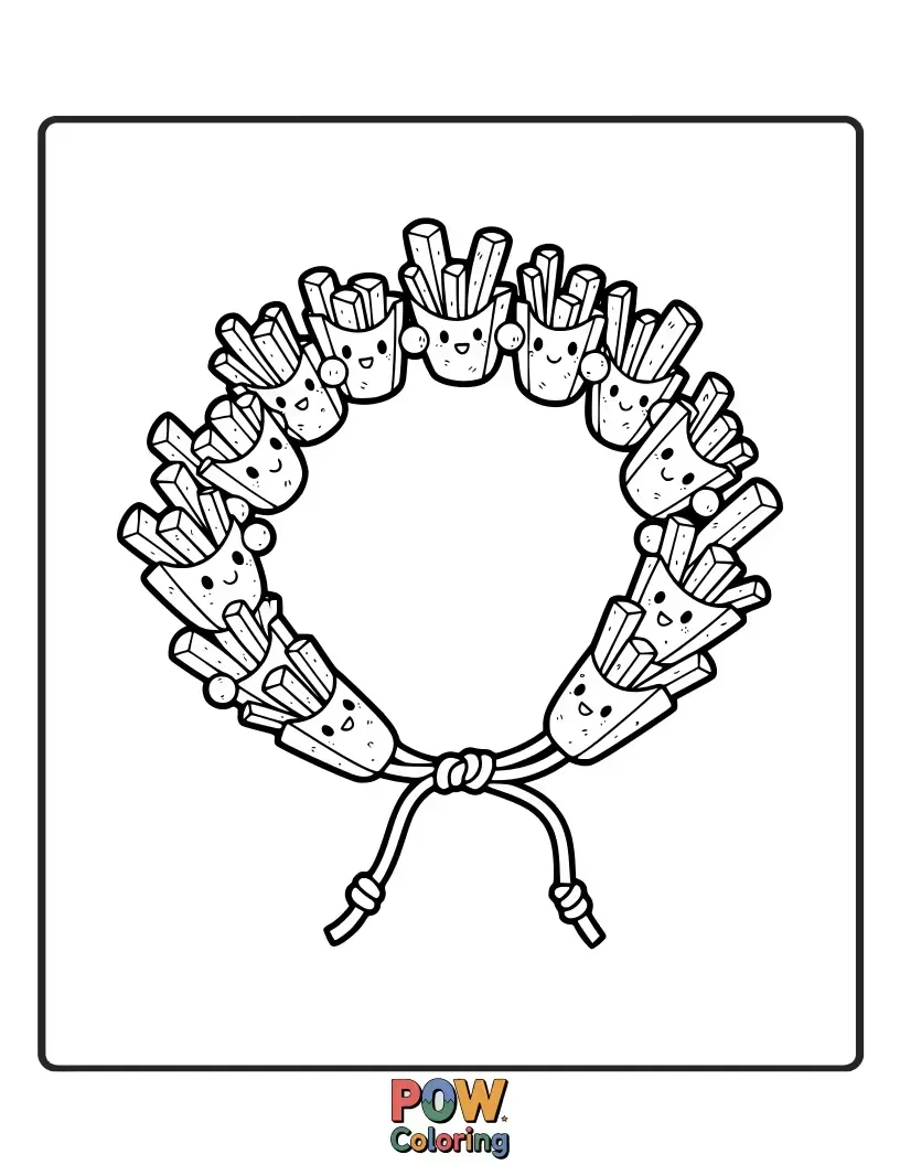 Free coloring page of Two french fries making a colorful friendship bracelet for each other, symbolizing their bond. Share the love and color!