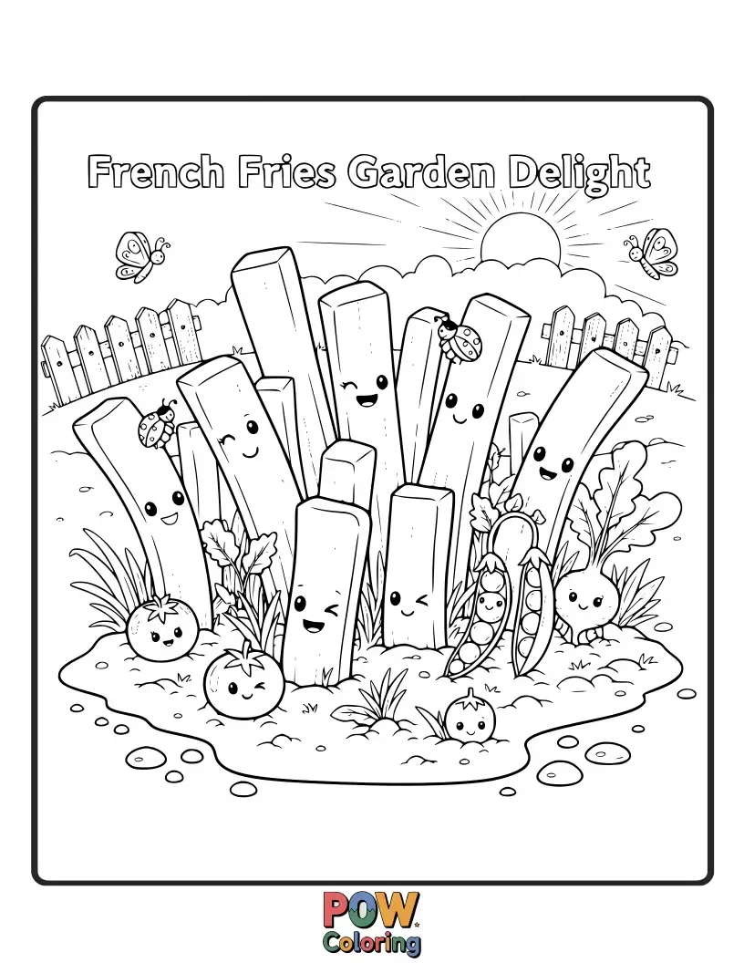 Free coloring page of Cute french fries blooming like flowers in a whimsical garden, surrounded by cheerful insects. A garden of edible art!