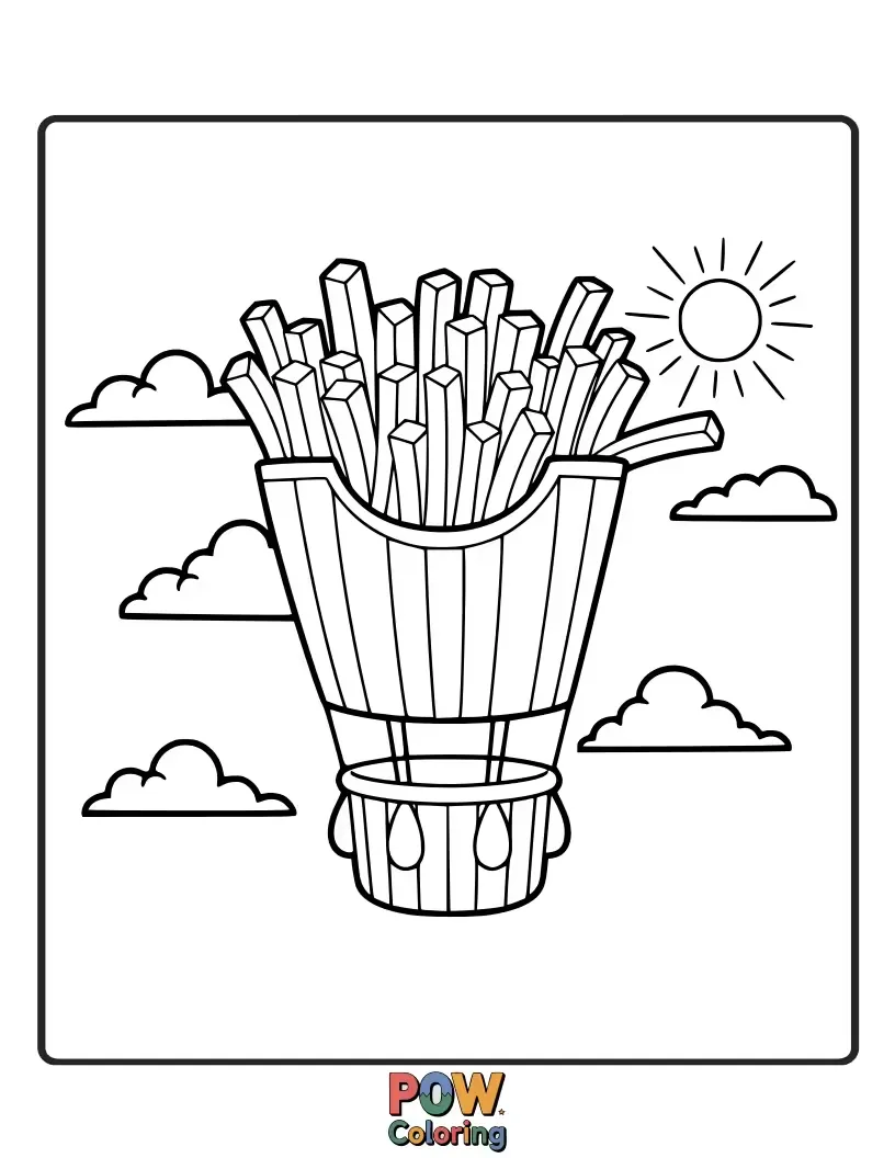 Free coloring page of A french fry peeking out of a hot air balloon basket, floating over a whimsical landscape. Soar to new heights!