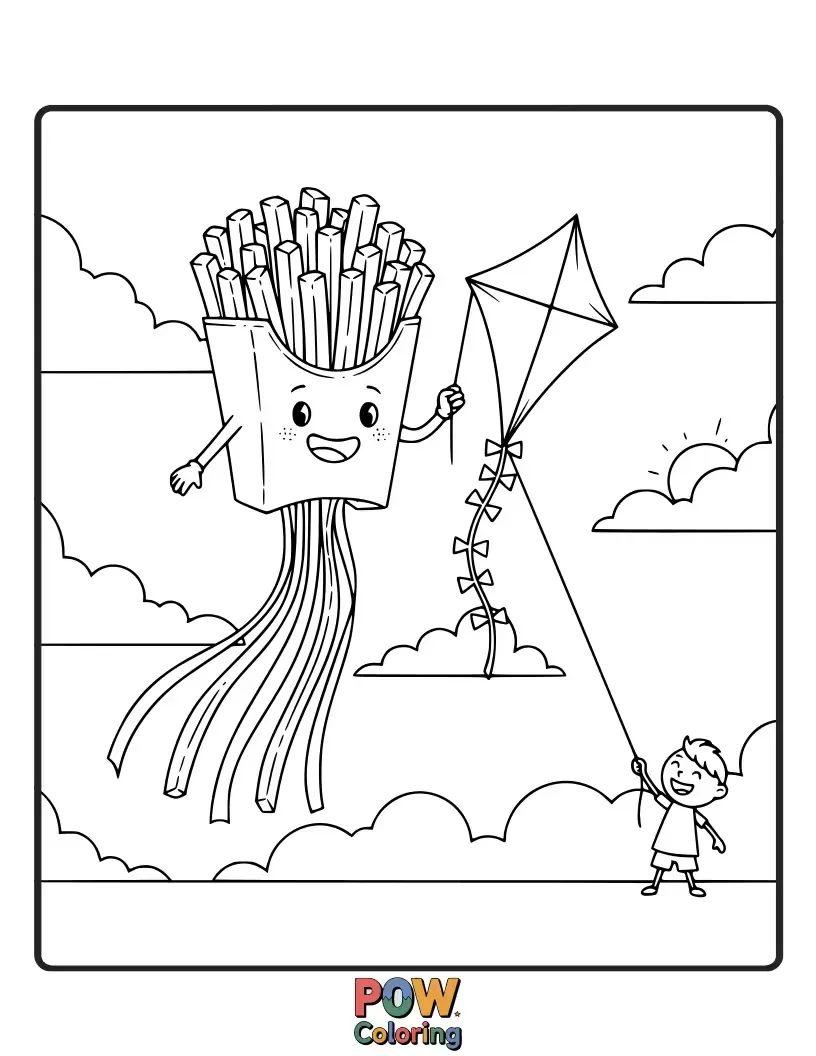 Free coloring page of Happy french fries flying a colorful kite high in the sky. Let your imagination soar with bright colors!
