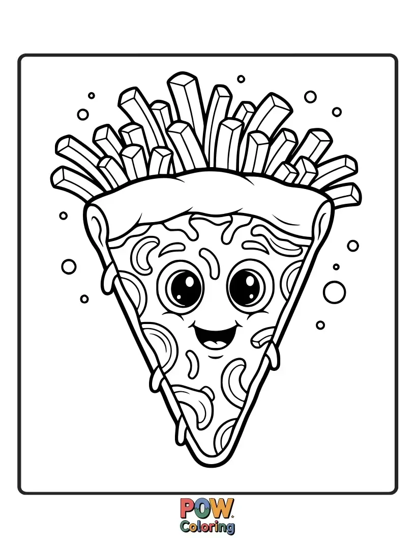 Free coloring page of A french fry sharing a slice of pizza with a smiling pizza slice friend. A delicious duo ready to be colored!