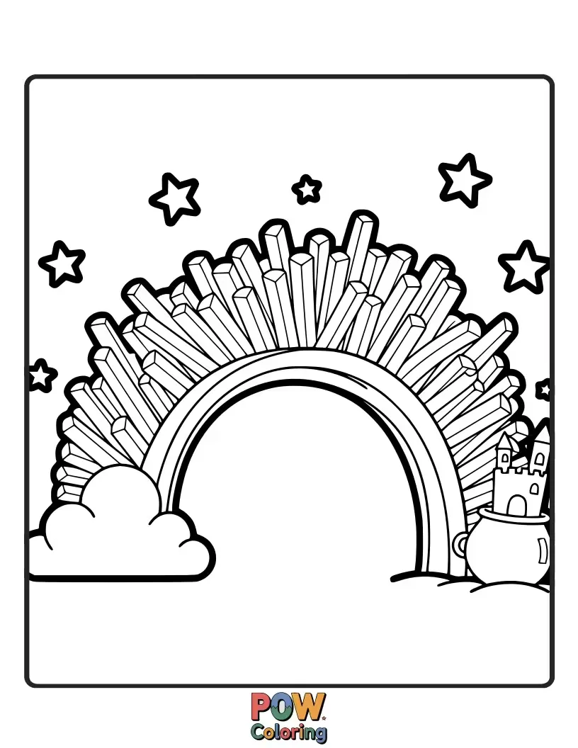 Free coloring page of A string of french fries creating a vibrant rainbow, inviting children to color a world of color and joy.