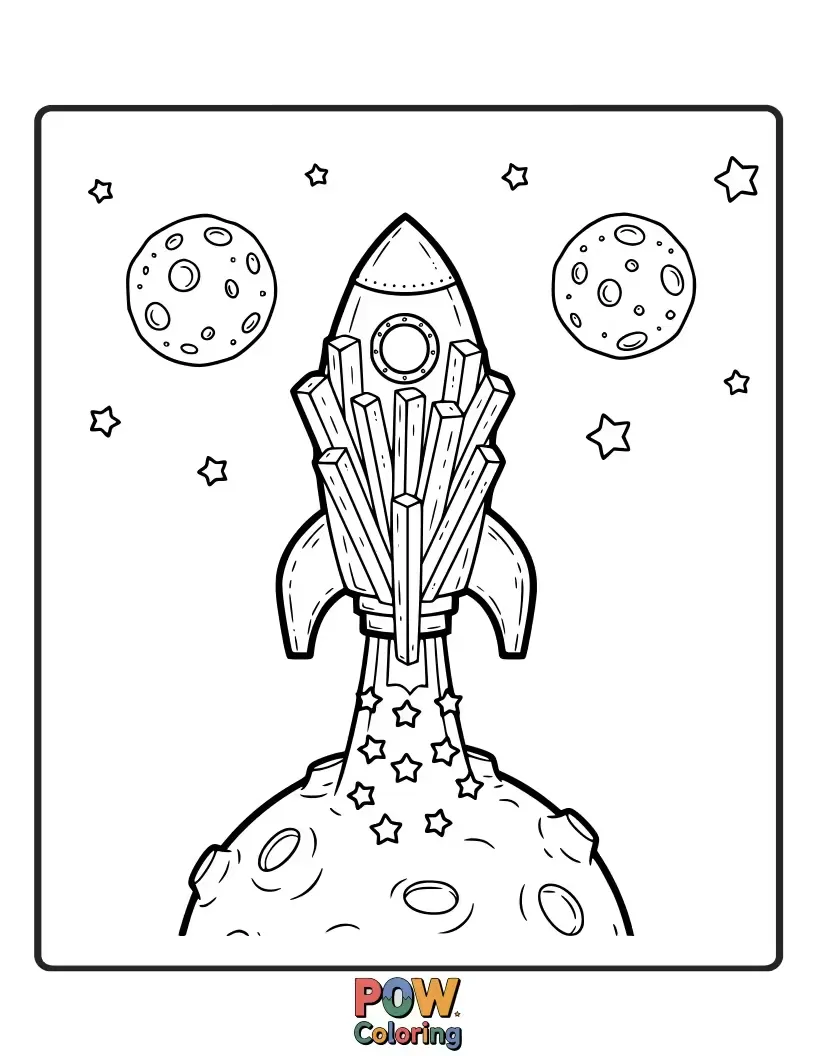 Free coloring page of A french fry astronaut exploring the cosmos, with stars and a friendly alien. Blast off into a galaxy of imagination!