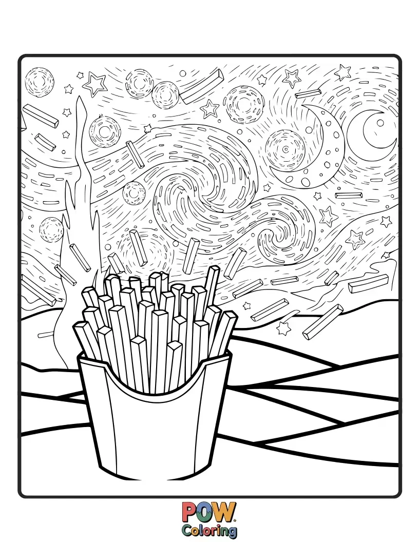Free coloring page of A sleepy french fry gazing at a sky filled with twinkling stars and a friendly moon. Drift off into colorful dreams.