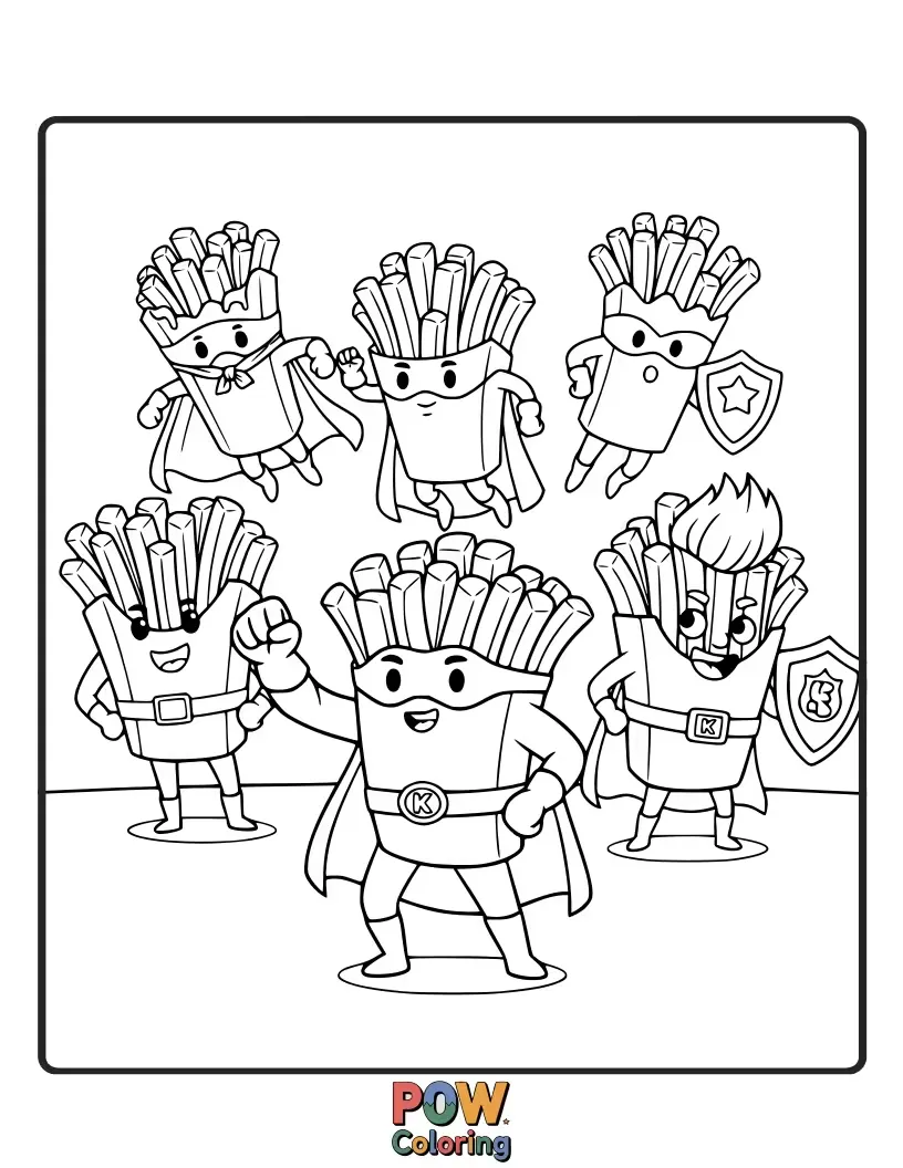 Free coloring page of A team of french fries in capes, ready to save the day with their superpowers. Unleash your inner hero!