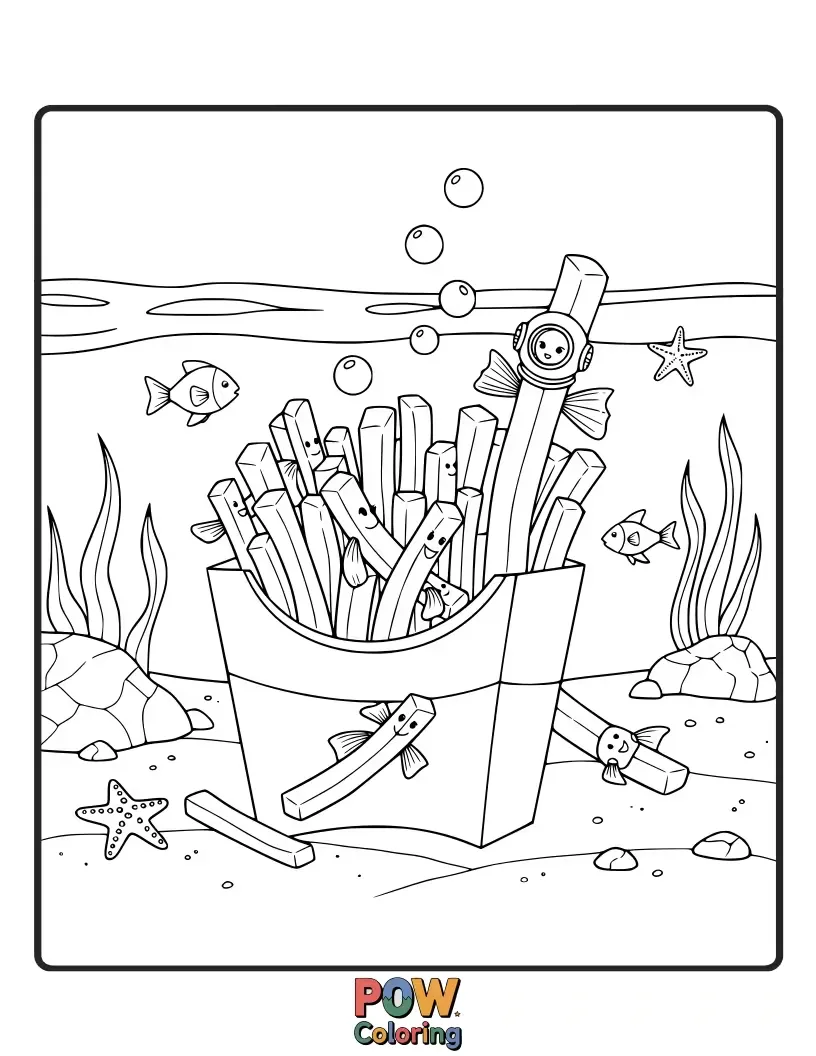 Free coloring page of A french fry mermaid with a seashell crown, swimming with colorful fish in an underwater wonderland. Dive into creativity!