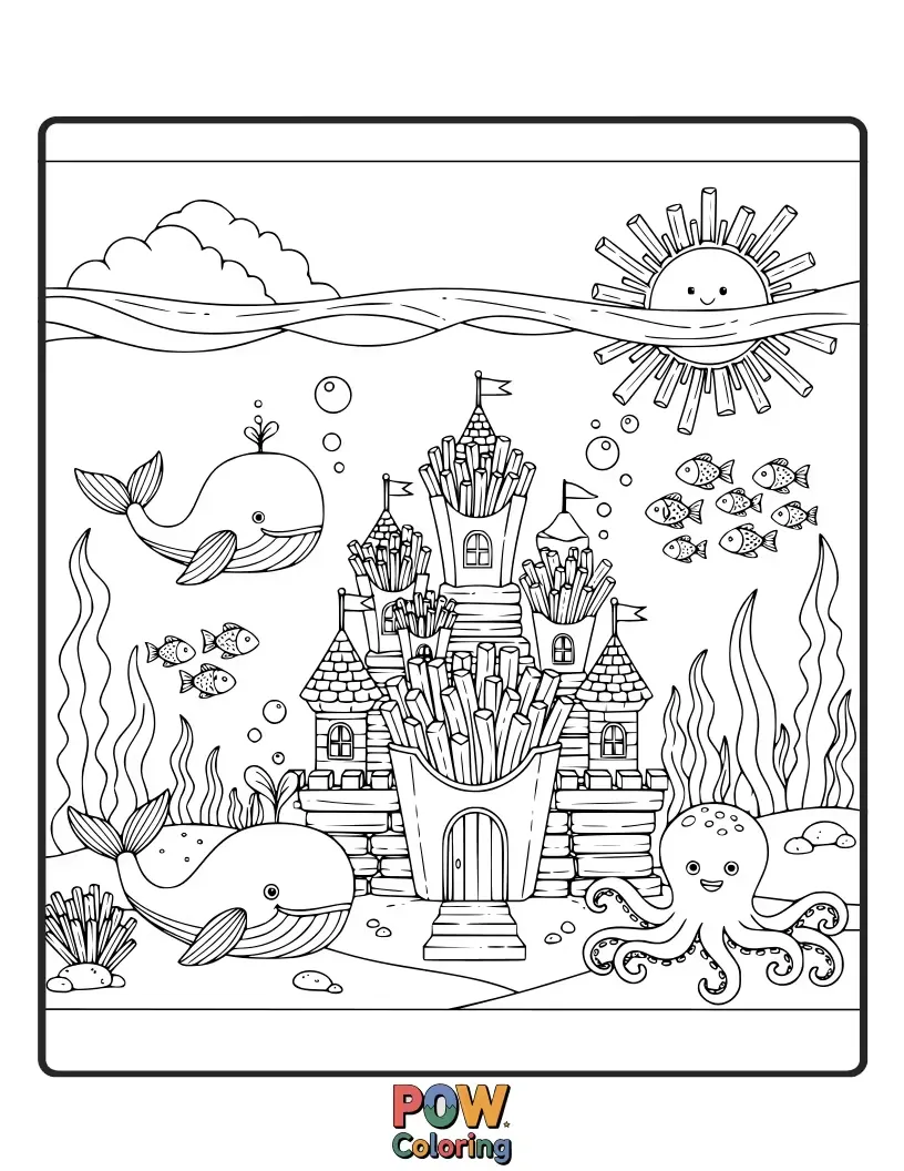 Free coloring page of A magnificent french fry castle beneath the waves, with playful sea creatures. Explore a deep-sea realm!