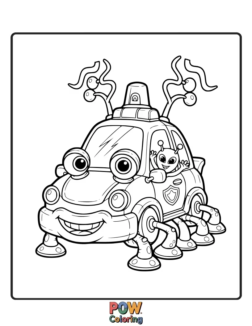 Free coloring page of Friendly alien police car, extraterrestrial, with big, curious eyes, ensuring interplanetary peace with a smile.