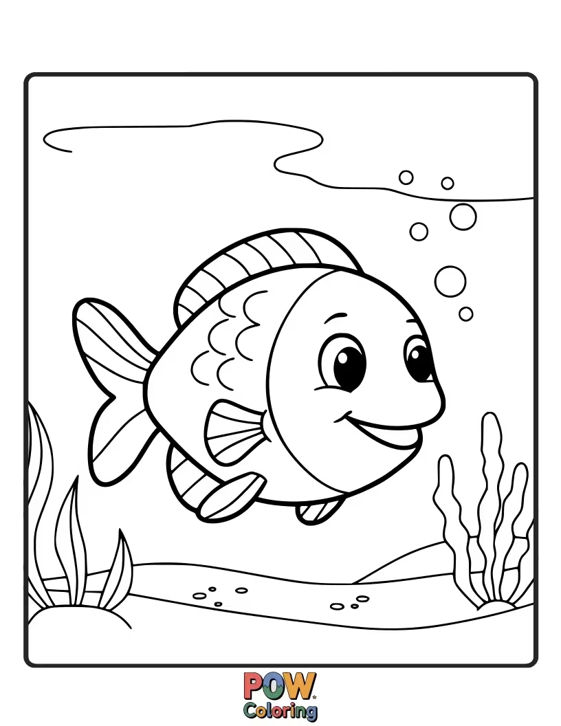 Free coloring page of A basic, friendly-looking blue fish with large fins, ideal for toddlers to practice their coloring skills with solid shapes.
