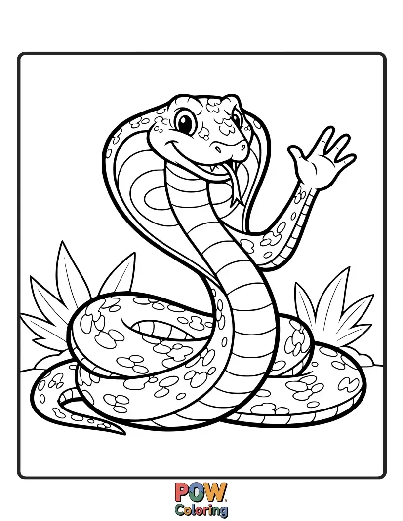 Free coloring page of A cute cobra snake peeking over a friendly wave, offering a warm greeting to the viewer.
