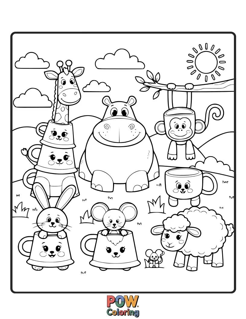 Free coloring page of Adorable cups transformed into charming animals like bunnies, cats, and bears, ready for playtime.