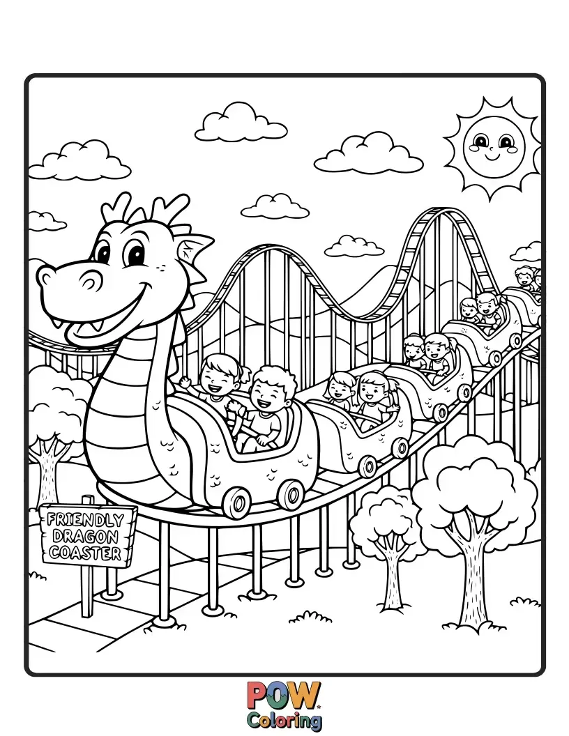 Free coloring page of A gentle dragon forms this unique roller coaster, soaring over fluffy clouds with a happy expression.