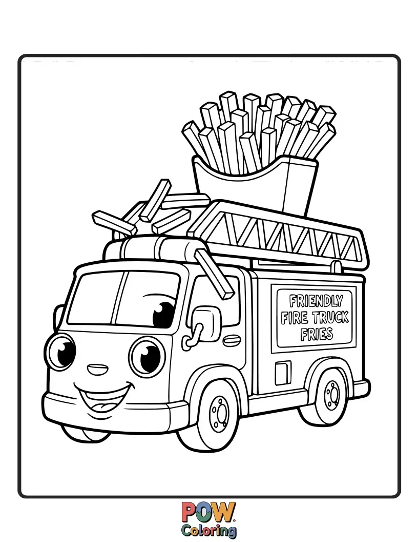 Free coloring page of A playful food truck shaped like a fire truck, serving crispy fries with a playful nod to a familiar vehicle.