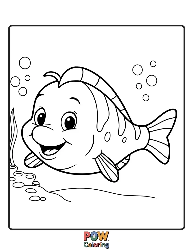 Free coloring page of A flat, friendly flounder with two eyes on one side, a unique and simple fish shape to color.