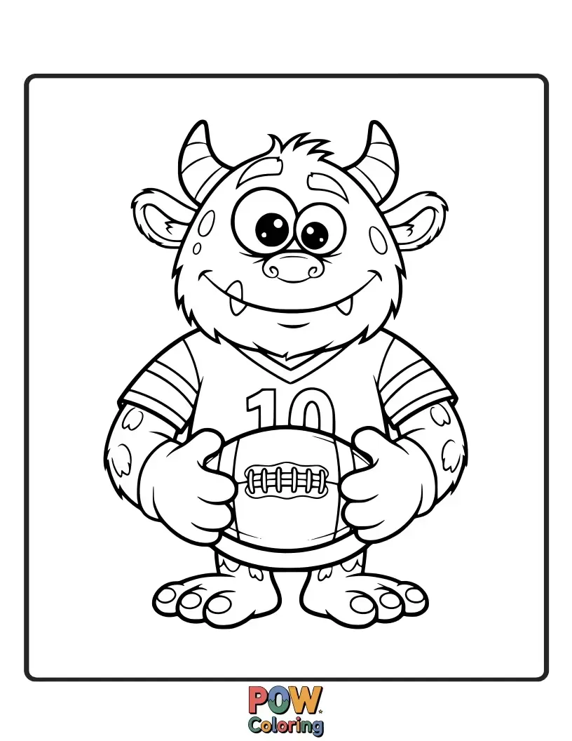 Free coloring page of A fuzzy, multi-eyed monster with a goofy smile, holding a football gently. Unexpectedly cute and approachable.