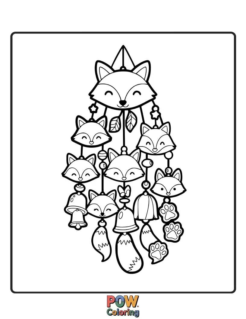 Free coloring page of A curious fox peeking out from behind charming, woodland-themed wind chimes.