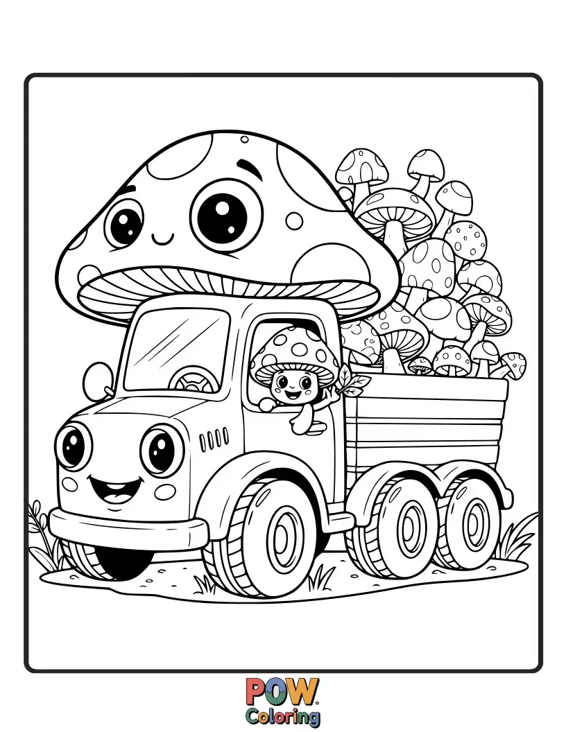 Free coloring page of A charming food truck shaped like a giant mushroom, offering delicious mushroom-themed snacks in a whimsical forest setting.