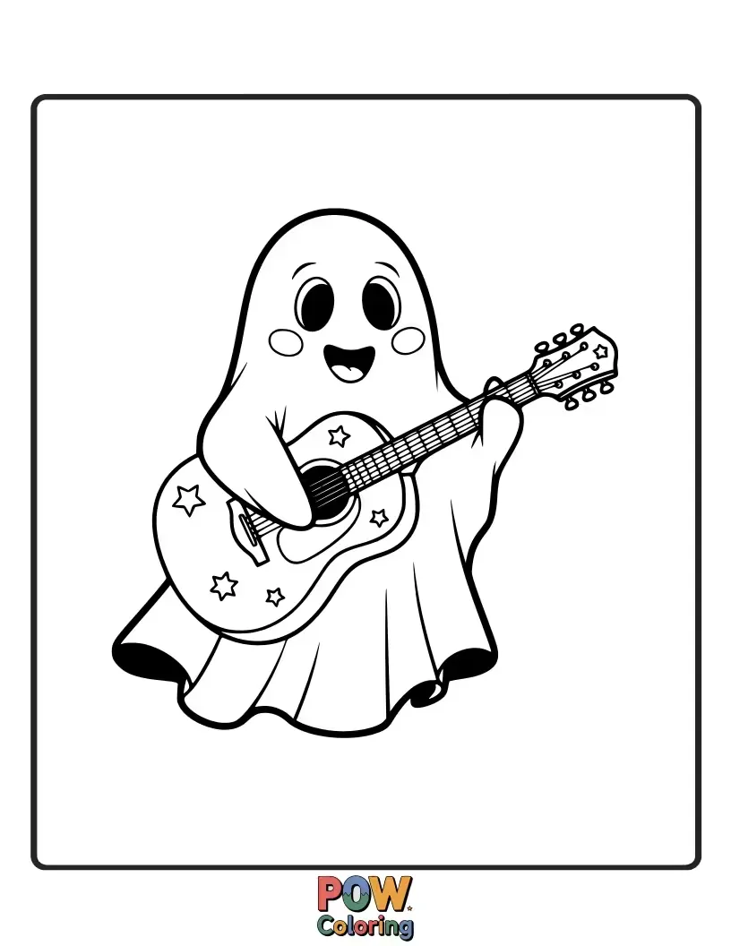 Free coloring page of A cute, transparent ghost happily playing a guitar, with spooky but sweet vibes.