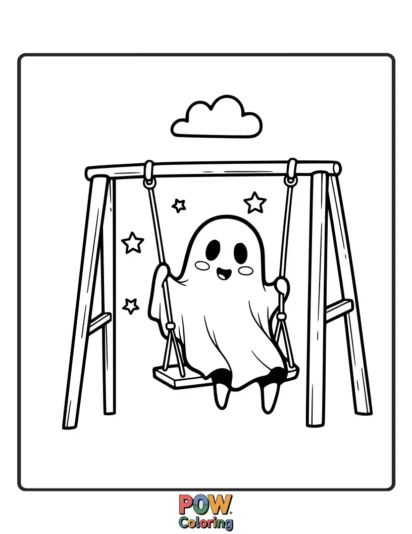 Free coloring page of A cute, happy ghost playfully swings on a spooky, but friendly, haunted tree branch.