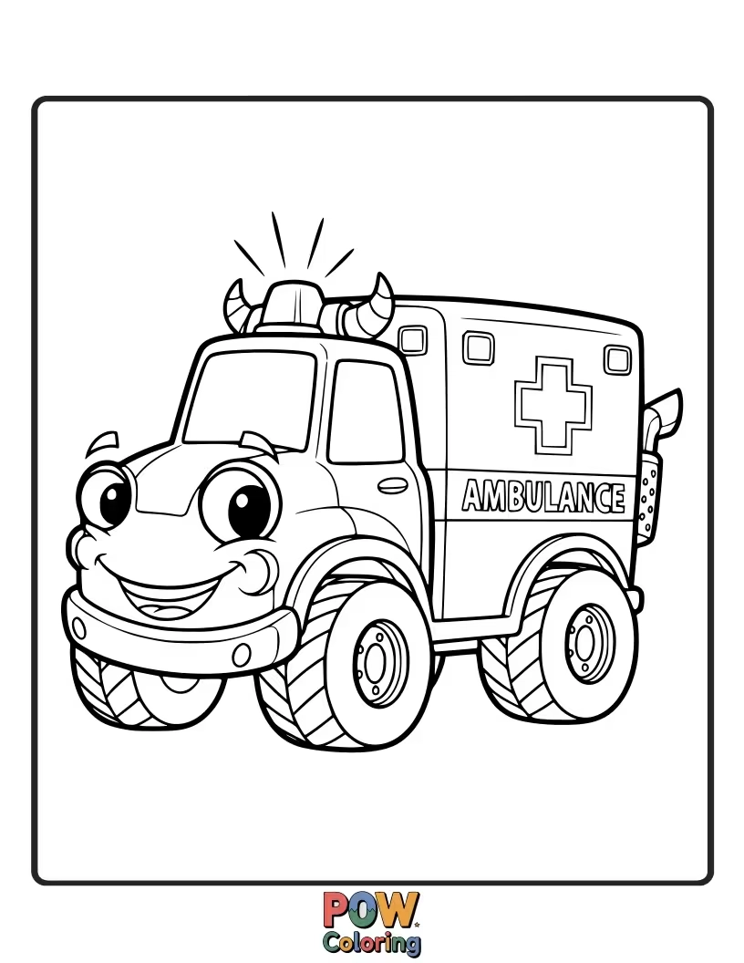 Free coloring page of A goofy-eyed monster transformed into a helpful ambulance, ready to assist with a smile.