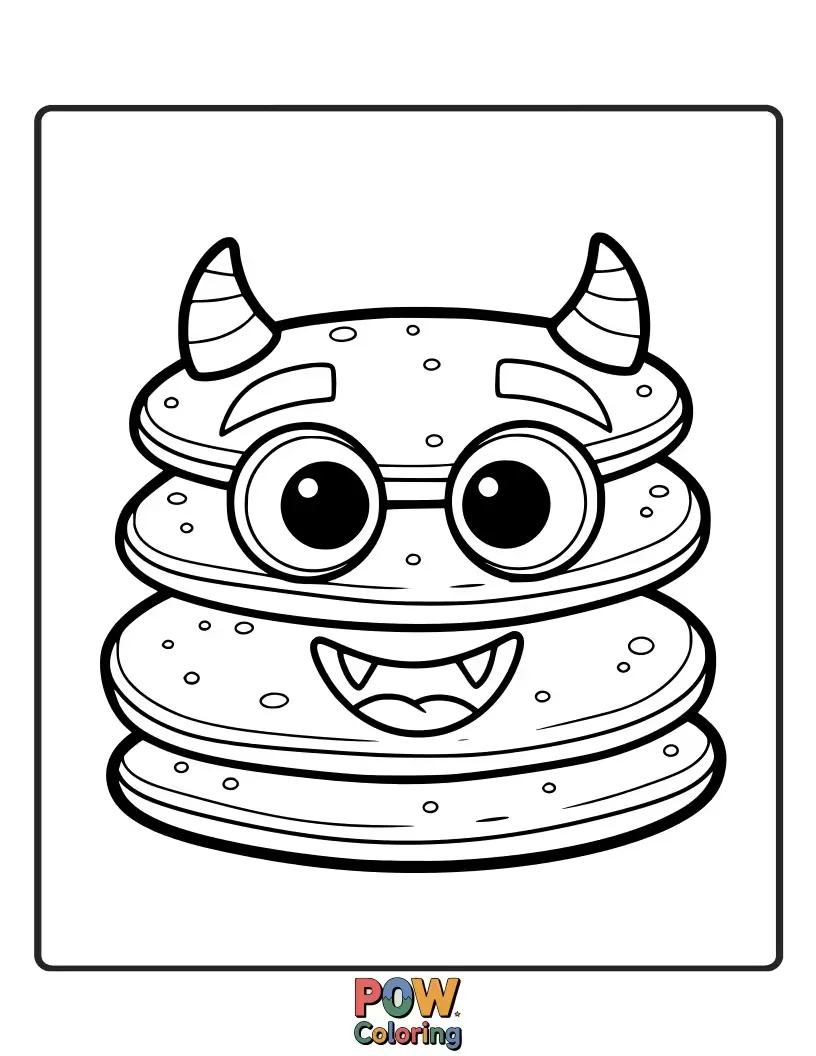 Free coloring page of Goofy, colorful monsters with multiple eyes and big smiles, sharing a giant plate of pancakes.