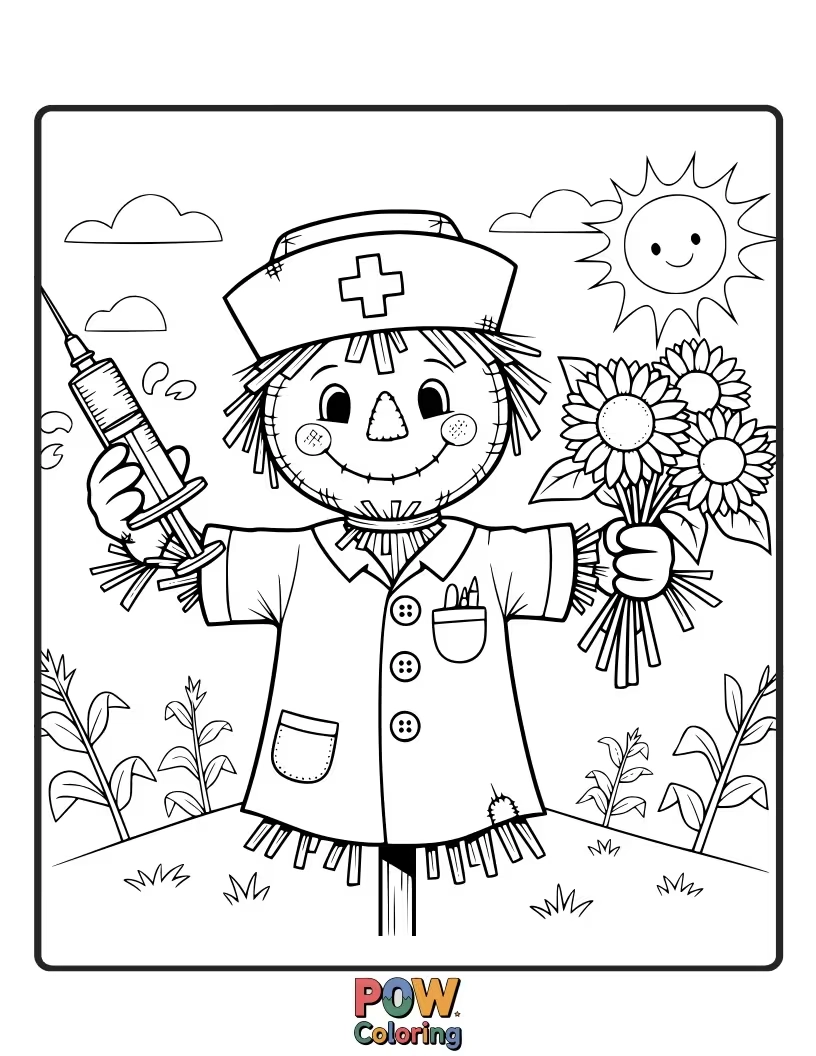 Free coloring page of A charming scarecrow nurse in a patched-up outfit, guarding against germs with a watchful, kind gaze.