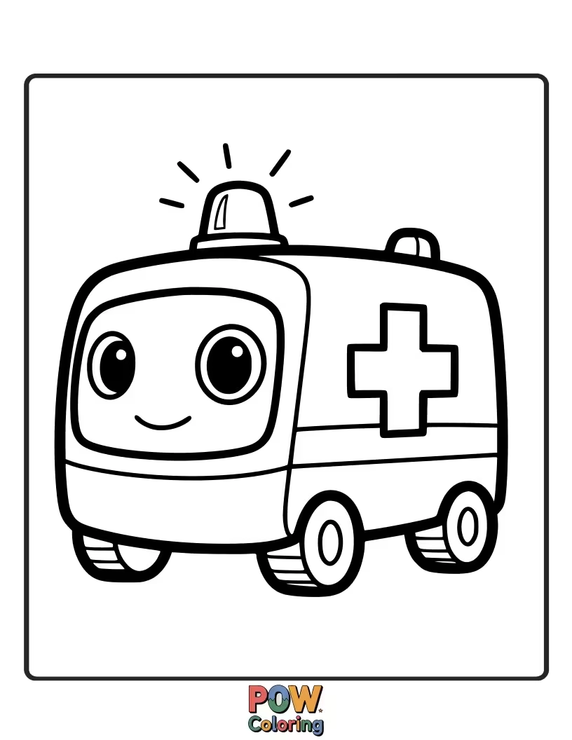 Free coloring page of A helpful robot with big, kind eyes, designed as a futuristic ambulance on wheels.
