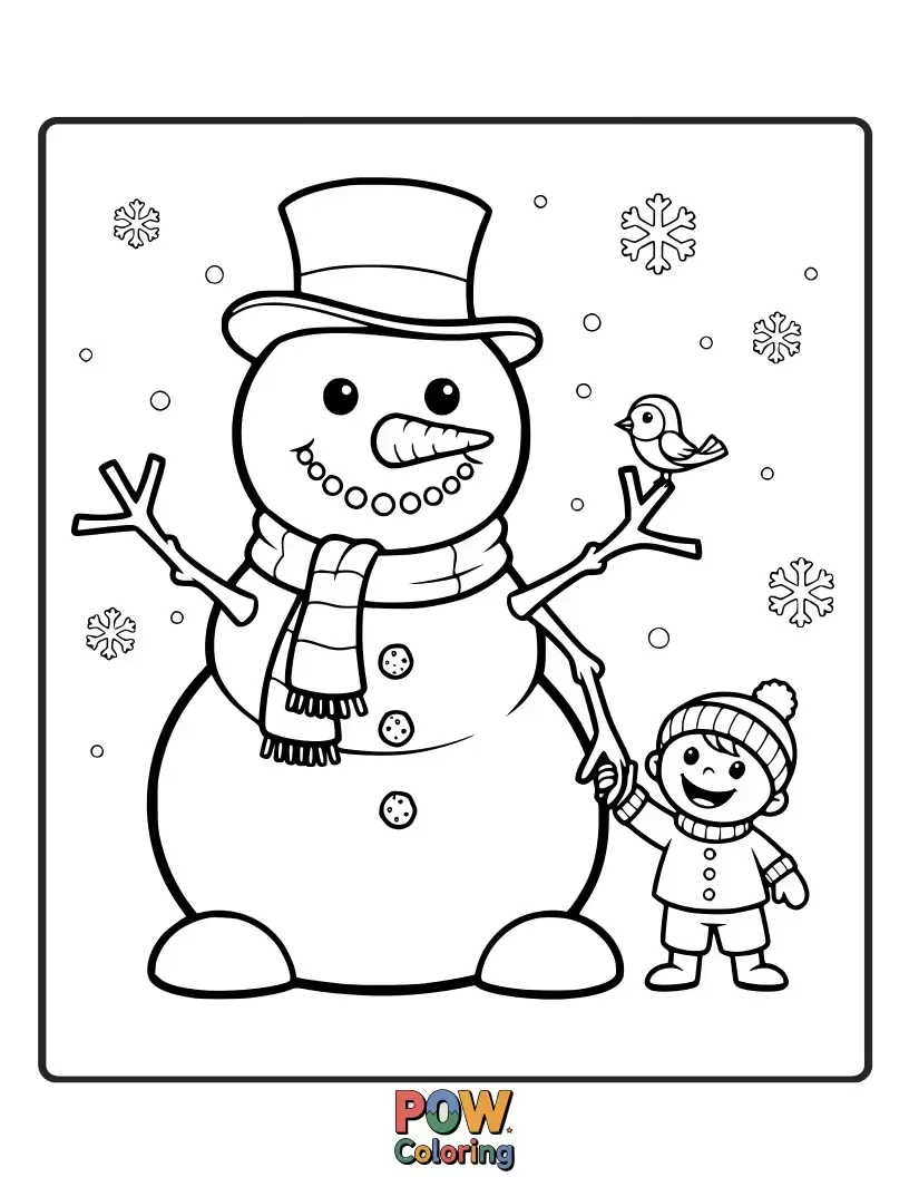 Free coloring page of A cheerful snowman with a carrot nose and button eyes, surrounded by falling snowflakes, waiting to be colored.
