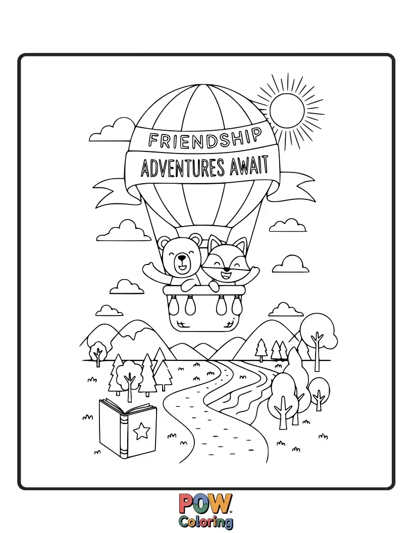 Free coloring page of Two brave explorers, a fox and a badger, were flying high in magical balloon, shimmering portal.