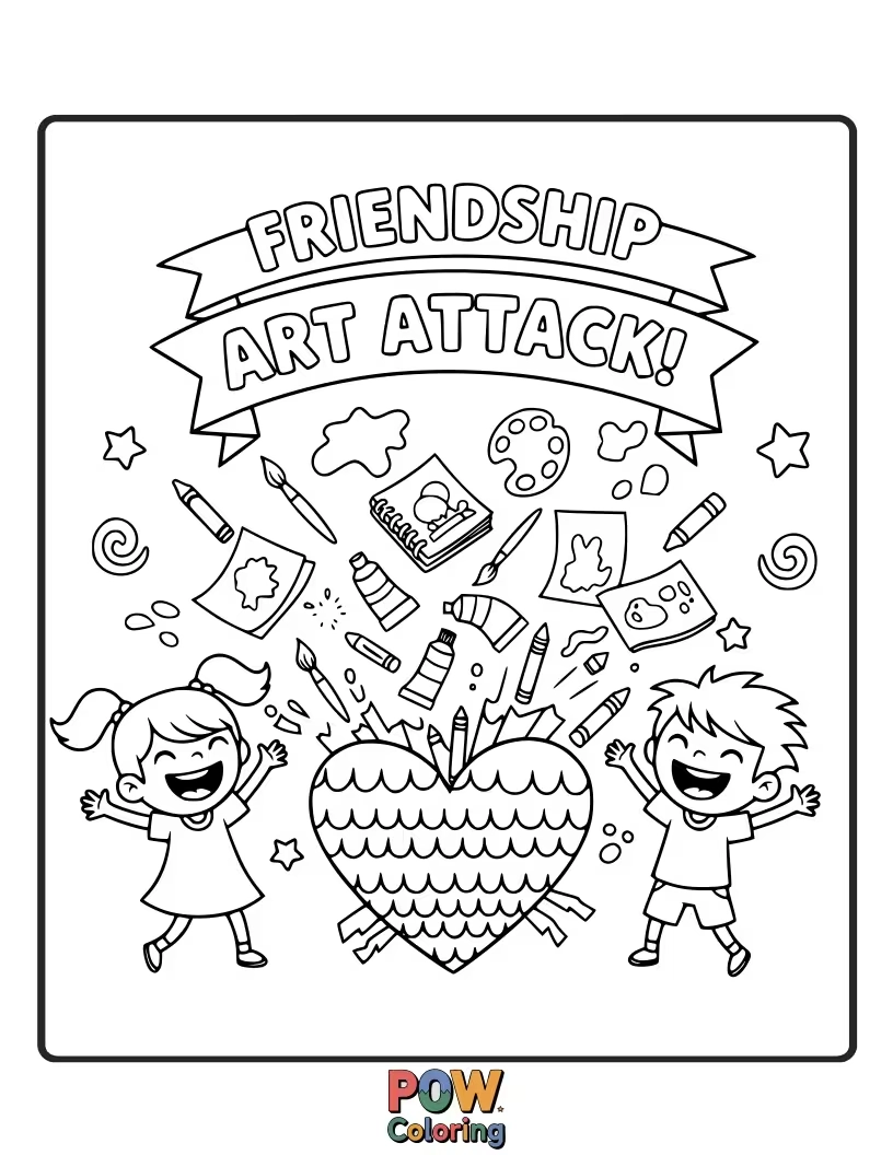 Free coloring page of Two energetic friends splattered with paint, proudly displaying their colorful, abstract masterpieces on a large canvas.