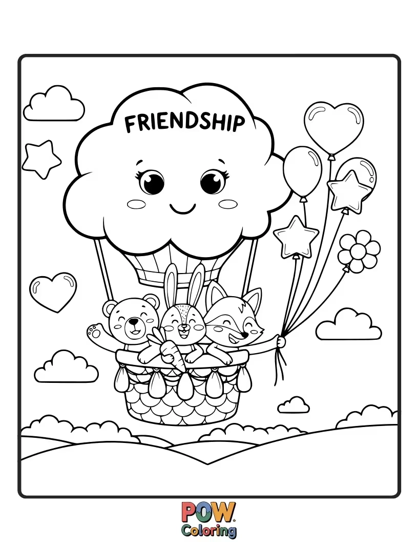 Free coloring page of Three delighted jungle friends holding onto a cluster of giant, colorful balloons, floating happily through the sky.