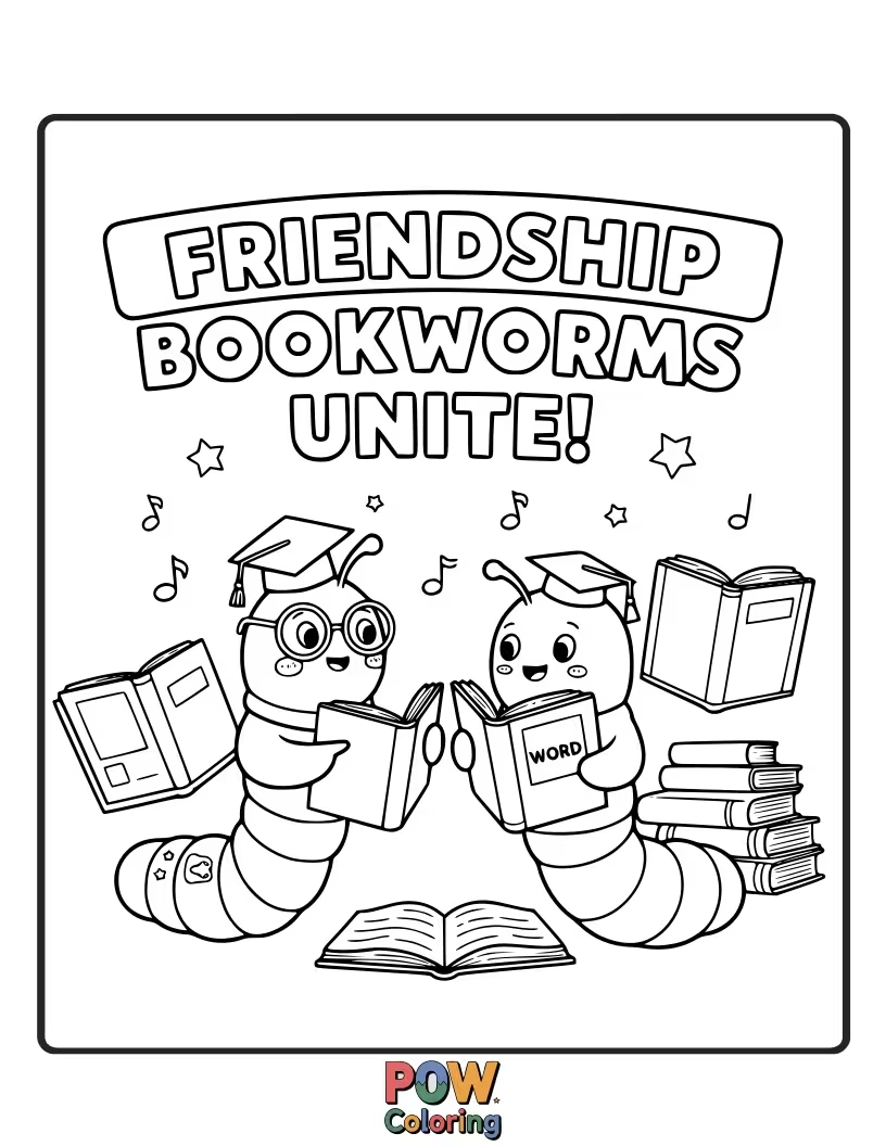 Free coloring page of Two worm friends nestled in a cozy library nook, engrossed in a giant, magical storybook with glowing pages.
