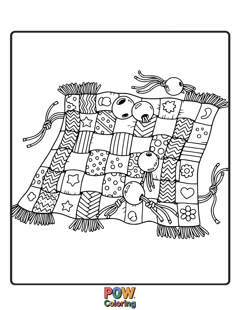Free coloring page of A playful blanket design inspired by woven friendship bracelets, with intricate patterns and colorful strands.