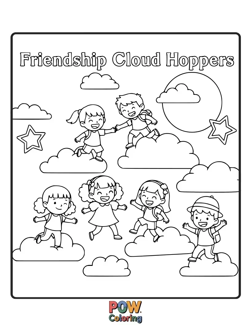 Free coloring page of Some friends were bouncing joyfully on oversized, soft clouds, leaving trails of sparkle behind them.