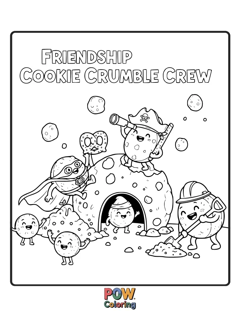 Free coloring page of A group of smiling cookies, one with a missing piece, all sharing happiness with a delightful sweetness!