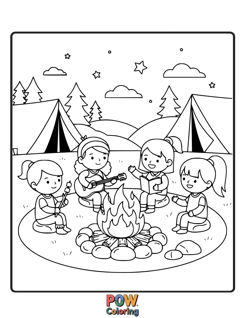 Free coloring page of A warm and inviting scene of friends roasting singing by a crackling campfire under a starry night sky.