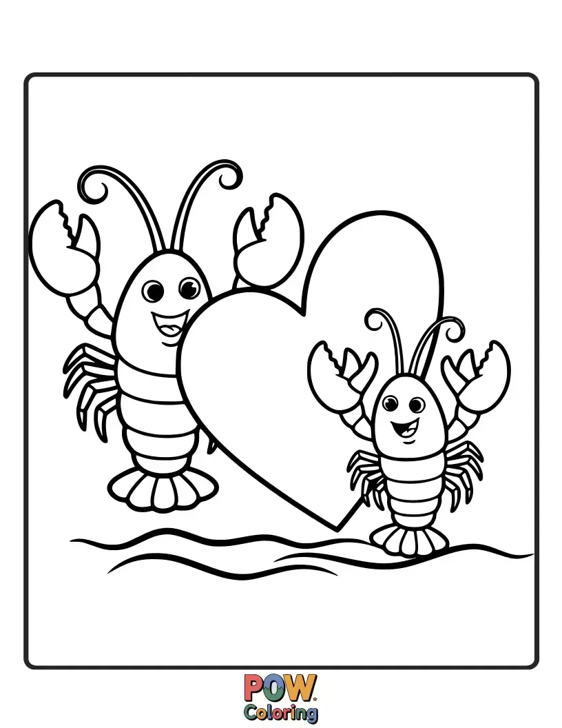 Free coloring page of Two adorable lobsters holding claws, sharing a happy moment, celebrating the joy of companionship and togetherness.